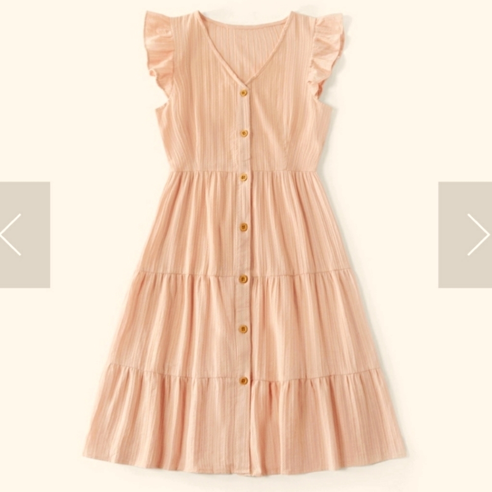 IFFEI 100% Cotton Light Pink Button-up Dress w/Ruffle Sleeve & Tiered Skirt XL